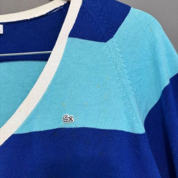 Lacoste Women’s Blue Striped Sweater Size 44 XL 1/4 Button Up - Picture 3 of 13